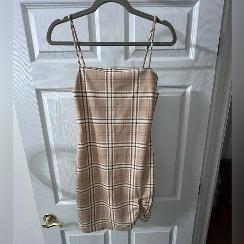 Plaid tan square neck mini dress